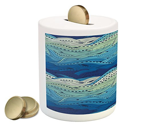 Lunarable Aquatic Piggy Bank, Conceptual Ocean Themed Artwork Hand Drawn Waves Seascape Maritime, Printed Ceramic Coin Bank Money Box for Cash Saving, Blue Pale Blue Mint Green Lunarable Aquatic Piggy Bank, Conceptual Ocean Themed Artwork Hand Drawn Waves Seascape Maritime, Printed Ceramic Coin Bank Money Box for Cash Saving, Blue Pale Blue Mint Green