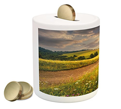 Lunarable Nature Piggy Bank, Sunset on The Meadow Rural Country Flower Field and Trees Idyllic Scene, Printed Ceramic Coin Bank Money Box for Cash Saving, Lime Green Pale Brown
