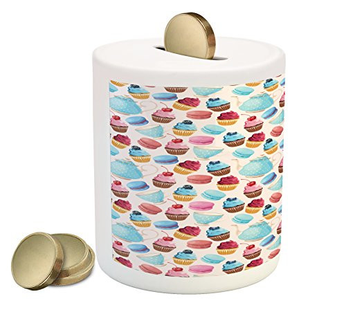 Lunarable Retro Piggy Bank, Teapots and Cups with Polka Dots Macarons Cupcakes with Berries Pattern, Printed Ceramic Coin Bank Money Box for Cash Saving, Blue Pink Brown