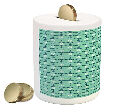 Lunarable Mint Piggy Bank, Steering Wheels Anchors Chevron Zigzag Nautical Seaside Theme Aquatic, Printed Ceramic Coin Bank Money Box for Cash Saving, Mint Green Navy Blue White