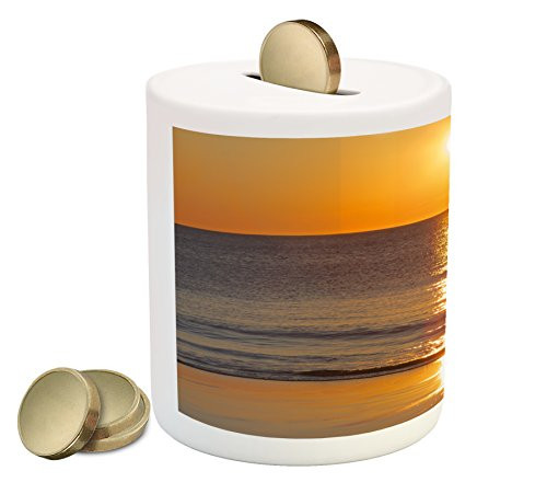 Lunarable Landscape Piggy Bank, Sunset Over The German North Sea a Beach on Sylt Island Morning Seashore View, Printed Ceramic Coin Bank Money Box for Cash Saving, Orange Blue