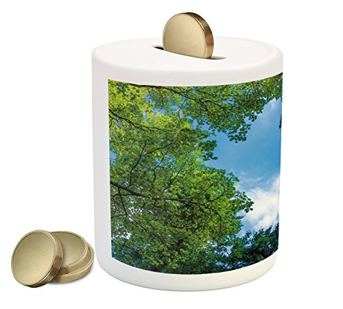 Lunarable Green Piggy Bank, Natural Tree Branches on Cloudy Sky Leaves Digital Art Print, Printed Ceramic Coin Bank Money Box for Cash Saving, Forrest Green Sky Blue Lunarable Green Piggy Bank, Natural Tree Branches on Cloudy Sky Leaves Digital Art Print, Printed Ceramic Coin Bank Money Box for Cash Saving, Forrest Green Sky Blue