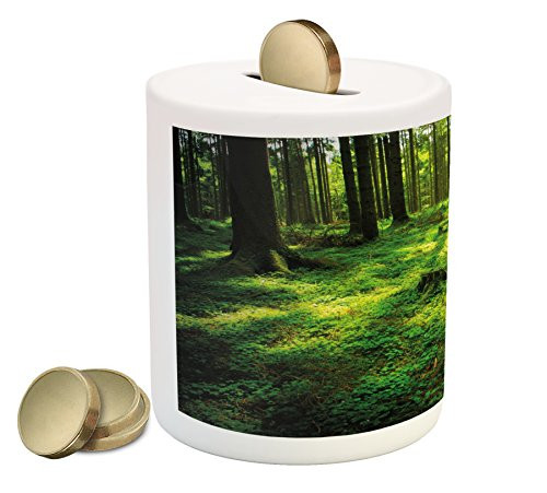 Lunarable Green Piggy Bank, Morning in The Misty Summer Forest with Sun Rays Digital Artwork Print, Printed Ceramic Coin Bank Money Box for Cash Saving, Forrest Green and Yellow Lunarable Green Piggy Bank, Morning in The Misty Summer Forest with Sun Rays Digital Artwork Print, Printed Ceramic Coin Bank Money Box for Cash Saving, Forrest Green and Yellow