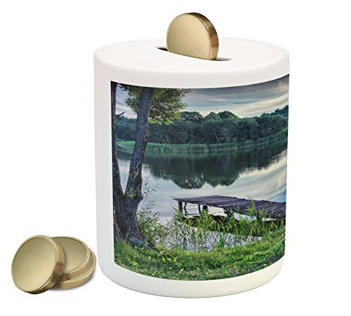 Lunarable Nature Piggy Bank, Natural Theme The Lake and a Wharf in The Forest Cloudy Sky Pattern Art, Printed Ceramic Coin Bank Money Box for Cash Saving, Fern Green and Beige Lunarable Nature Piggy Bank, Natural Theme The Lake and a Wharf in The Forest Cloudy Sky Pattern Art, Printed Ceramic Coin Bank Money Box for Cash Saving, Fern Green and Beige