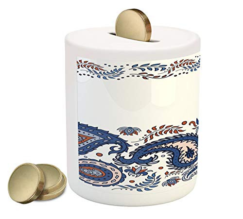 Lunarable Tribal Piggy Bank, Traditional Eastern Filigree with Flower Tribal Art Esoteric Blooms Print, Printed Ceramic Coin Bank Money Box for Cash Saving, Blue and Red