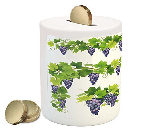 Lunarable Vine Piggy Bank, Bunches of Grapes Branches of Green Leaves Cluster of Berries Swirls Natural Food, Printed Ceramic Coin Bank Money Box for Cash Saving, Violet Green Lunarable Vine Piggy Bank, Bunches of Grapes Branches of Green Leaves Cluster of Berries Swirls Natural Food, Printed Ceramic Coin Bank Money Box for Cash Saving, Violet Green