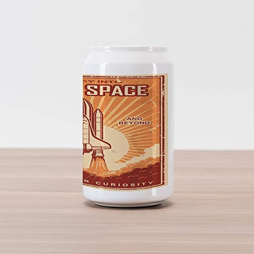 Lunarable Vintage Cola Can Shape Piggy Bank, Vintage Space Shuttle on Grunge Scratched Planet Earth Map to Stars Cosmos Galaxy, Ceramic Cola Shaped Coin Box Money Bank for Cash Saving, Red Orange