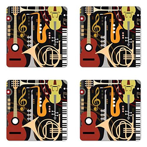 Lunarable Jazz Coaster Set of 4, Flat Design Style Overlapped Upside down Random Arrangement of Colorful Instruments, Square Hardboard Gloss Coasters for Drinks, Multicolor