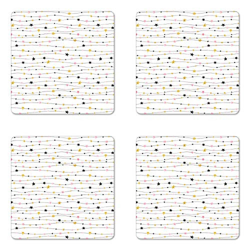 Lunarable Stars Coaster Set of 4, Uneven Sized Stars Horizontally Arranged on Strings Black and Golden Yellow Tone, Square Hardboard Gloss Coasters, Standard Size, Multicolor
