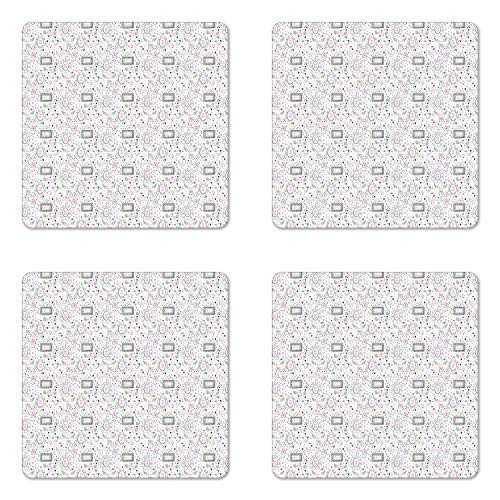 Lunarable Valentine's Day Coaster Set of 4, Floral Feathers Letters Mirrors and Hearts on a Plain Background, Square Hardboard Gloss Coasters, Standard Size, Pink and Pale Green