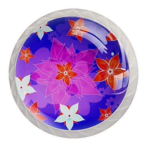 -4Pack- Crystal Glass Cabinet Knobs Multi Design Drawer Knobs Pulls for Dressers Wardrobes Bedside Table Nightstand Bookcase Blue Floral Flower