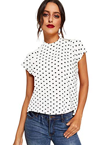 Romwe Women's Elegant Short Sleeve Mock Neck Workwear Blouse Top Shirts White Polka Dots L