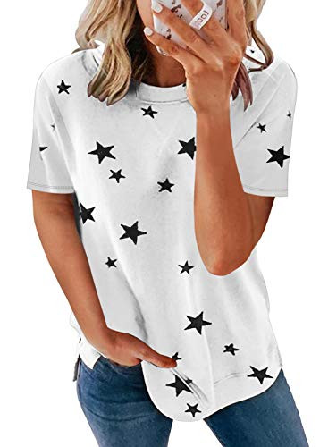 Astylish Women's Casual Tshirts Short Sleeve Crewneck Shirts Star Print Loose Blouse Basic Tops Tee T-Shirt for Women White XX-Large