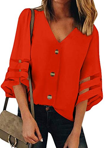 AlvaQ Summer Women Tops Short Sleeve Button Down V Neck Shirts Casual Blouses Red Large