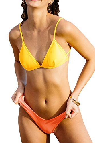 CUPSHE Women's Triangle Bikinis Set V-Neck Top High Leg Bottom, S Yellow/Orange