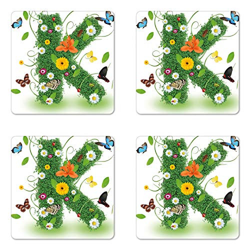 Ambesonne Letter K Coaster Set of 4, Uppercase K Green Themed Image with Nature Inspirations Animals Plant Life, Square Hardboard Gloss Coasters for Drinks, Green Multicolor