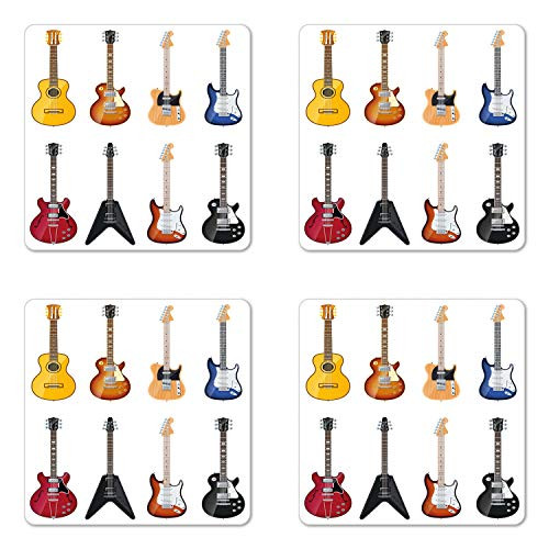 Ambesonne Guitar Coaster Set of 4, Wide Variety of String Instruments Realistic Musical Pattern Jazz Bluescoustic, Square Hardboard Gloss Coasters, Standard Size, Multicolor Ambesonne Guitar Coaster Set of 4, Wide Variety of String Instruments Realistic Musical Pattern Jazz Bluescoustic, Square Hardboard Gloss Coasters, Standard Size, Multicolor