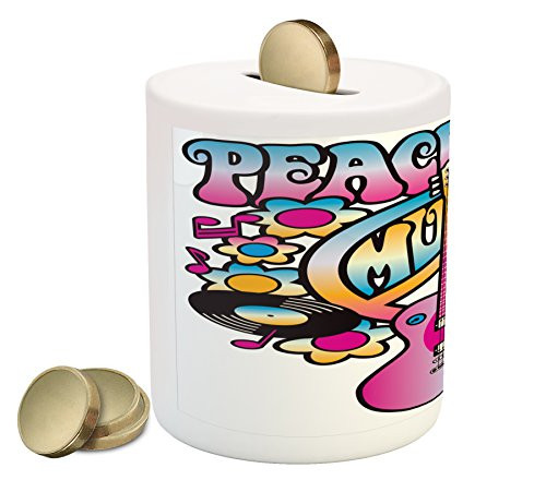 Ambesonne Groovy Piggy Bank, Peace Love Music Text with Peace Guitar Records Flowers Musical Notes, Printed Ceramic Coin Bank Money Box for Cash Saving, Blue Pink Yellow