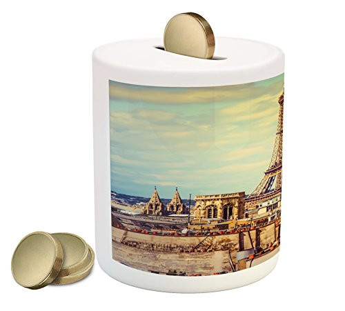 Ambesonne Eiffel Tower Piggy Bank, Eiffel Tower Historic Vintage Cityscape Famous Monument Urban Art, Printed Ceramic Coin Bank Money Box for Cash Saving, Almond Green Yellow Ambesonne Eiffel Tower Piggy Bank, Eiffel Tower Historic Vintage Cityscape Famous Monument Urban Art, Printed Ceramic Coin Bank Money Box for Cash Saving, Almond Green Yellow