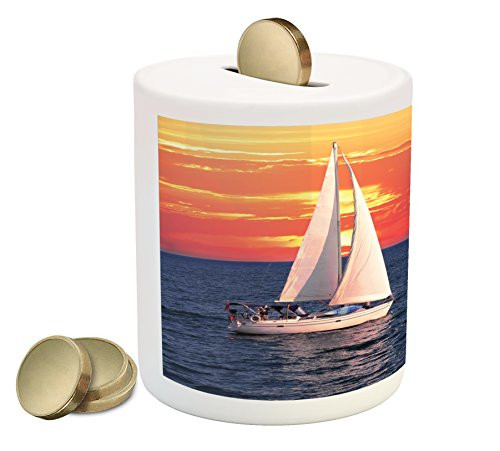 Ambesonne Sailboat Piggy Bank, Sailboat Sailing on a Calm Evening Setting Sun Colored Sky Scenery, Printed Ceramic Coin Bank Money Box for Cash Saving, Dark Blue Orange White
