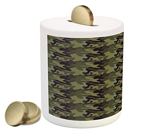 Ambesonne Khaki Piggy Bank, Repeating Pattern with Stain Look Camouflage Motif, Ceramic Coin Bank Money Box for Cash Saving, 3.6" X 3.2", Army Green Slate Brown