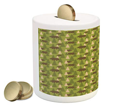 Ambesonne Woods Piggy Bank, Continuous Pattern with Bear in Pine Tree Forest, Ceramic Coin Bank Money Box for Cash Saving, 3.6" X 3.2", Olive Green Chocolate