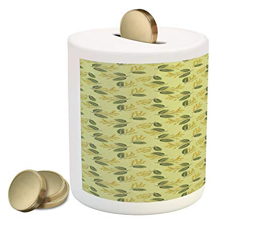 Ambesonne Floral Yellow Piggy Bank, Botanical Pattern Little Flora and Exotic Leaves, Printed Ceramic Coin Bank Money Box for Cash Saving, Avocado Green Olive Green Mustard