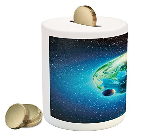 Ambesonne Outer Space Piggy Bank, Planet Earth in Sun Rays Elements Astronomy Atmosphere Sky Satellite Moon Image, Printed Ceramic Coin Bank Money Box for Cash Saving, Red Blue