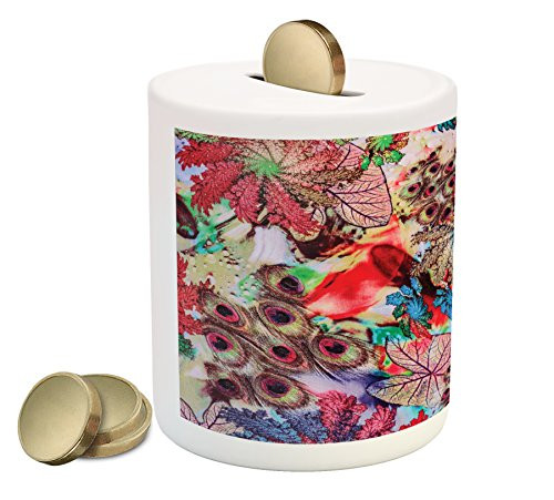Ambesonne Peacock Piggy Bank, Colorful Floral Artwork with Peacock Feather Patterns and Leaves Art Print, Printed Ceramic Coin Bank Money Box for Cash Saving, Green Blue Red