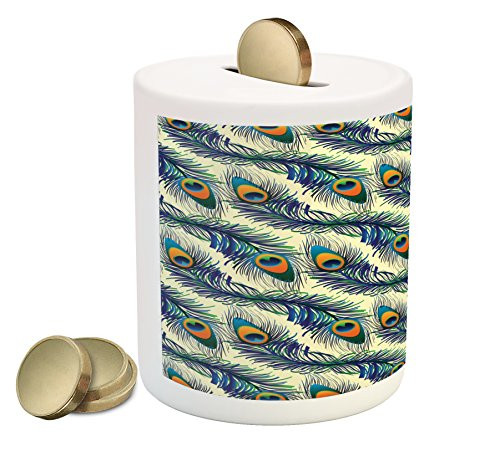Ambesonne Peacock Piggy Bank, Exotic Peacock Feathers Pattern Vintage Style Ornamental Details Image, Printed Ceramic Coin Bank Money Box for Cash Saving, Navy Blue Green Orange