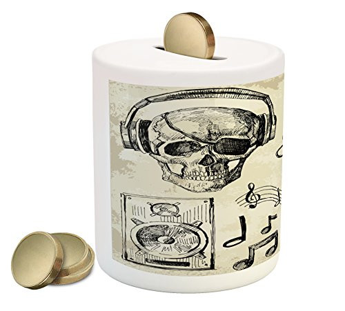 Ambesonne Music Piggy Bank, Sketchy Background Hipster Skull with Headphones Record Player Mic Speakers Print, Printed Ceramic Coin Bank Money Box for Cash Saving, Beige Black Ambesonne Music Piggy Bank, Sketchy Background Hipster Skull with Headphones Record Player Mic Speakers Print, Printed Ceramic Coin Bank Money Box for Cash Saving, Beige Black