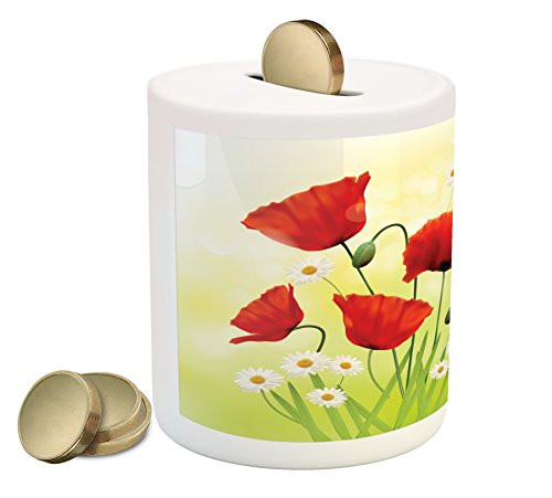 Ambesonne Poppy Flower Piggy Bank, Spring Environment with Poppies and Daisies on Grass Flourishing Nature, Ceramic Coin Bank Money Box for Cash Saving, 3.6" X 3.2", Red Green Ambesonne Poppy Flower Piggy Bank, Spring Environment with Poppies and Daisies on Grass Flourishing Nature, Ceramic Coin Bank Money Box for Cash Saving, 3.6" X 3.2", Red Green