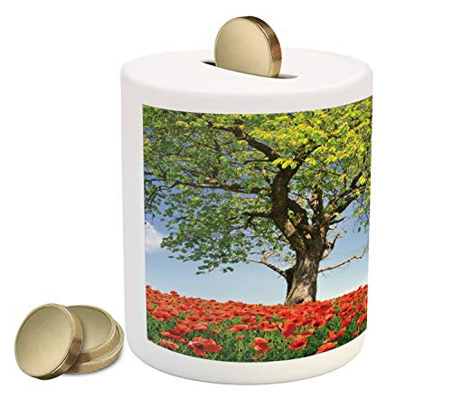 Ambesonne Poppy Flower Piggy Bank, Landscape of Blooming Poppies on Field Majestic Tree Rural Terrain Habitat, Ceramic Coin Bank Money Box for Cash Saving, 3.6" X 3.2", Green Red Blue Ambesonne Poppy Flower Piggy Bank, Landscape of Blooming Poppies on Field Majestic Tree Rural Terrain Habitat, Ceramic Coin Bank Money Box for Cash Saving, 3.6" X 3.2", Green Red Blue