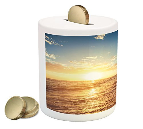 Ambesonne Tropical Piggy Bank, Palm Trees on Tropical Beach Sunrise Morning View Panoramic Nature Picture, Printed Ceramic Coin Bank Money Box for Cash Saving, Blue Yellow Brown