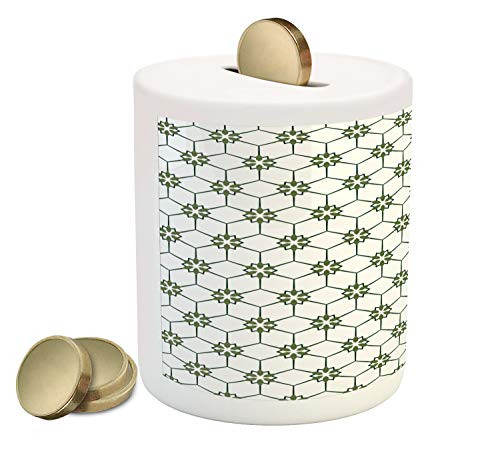Ambesonne Abstract Piggy Bank, Repeating Oriental Style Traditional Mosaic Tiles Design Inspired Ornaments, Ceramic Coin Bank Money Box for Cash Saving, 3.6" X 3.2", White Olive Green