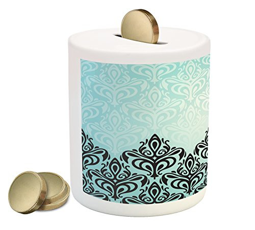 Ambesonne Damask Piggy Bank, Modern Damask Motif with Symmetric Lines Royal Baby Color Bold Floral Pattern, Printed Ceramic Coin Bank Money Box for Cash Saving, Blue Black