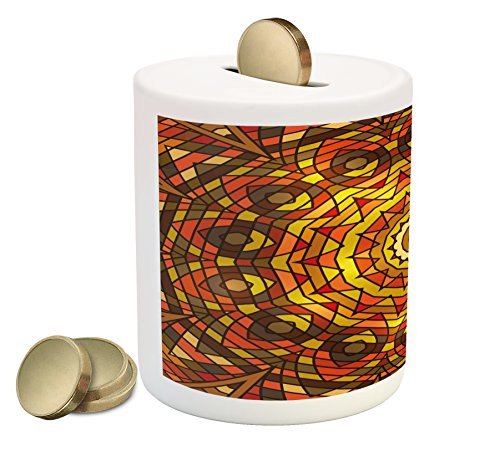 Ambesonne Celtic Piggy Bank, Circular Round Celtic Motif with Spiral Turning Lines in Contrast Colors Victorian, Printed Ceramic Coin Bank Money Box for Cash Saving, Red Yellow
