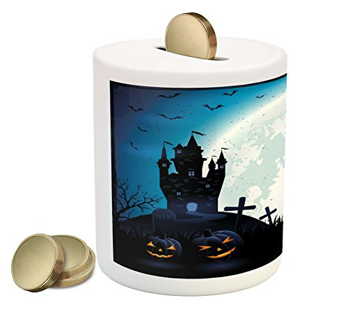 Ambesonne Halloween Piggy Bank, Spooky Concept with Scary Old Celtic Harvest in Dark Image Holiday Print, Printed Ceramic Coin Bank Money Box for Cash Saving, Blue