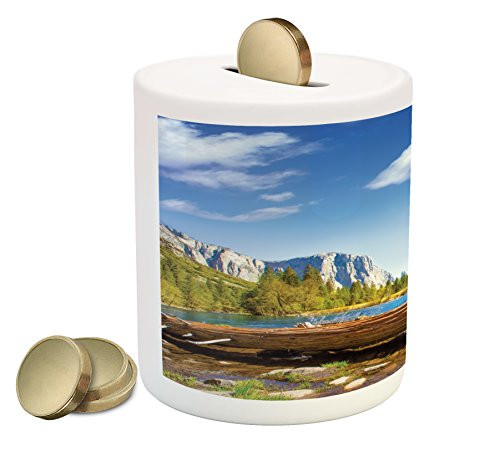 Ambesonne Yosemite Piggy Bank, Yosemite Merced River El Capitan Half Dome in California National Park Waterscape, Printed Ceramic Coin Bank Money Box for Cash Saving, Green Blue