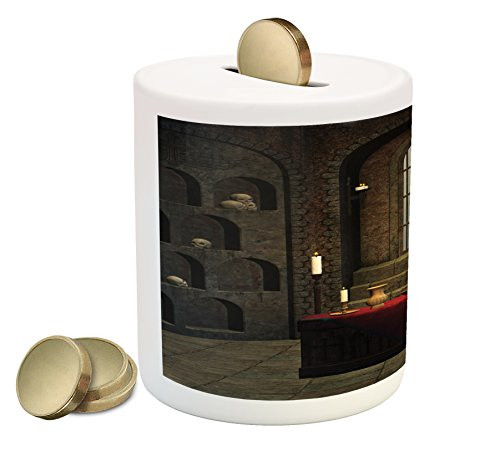 Ambesonne Gothic Piggy Bank, Fantasy Theme Spell Casting Warlock Witch Skulls on Shelves Candles Spooky Scenery, Printed Ceramic Coin Bank Money Box for Cash Saving, Red Brown