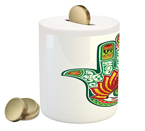Ambesonne Hamsa Piggy Bank, Middle Hamsa with Defense of Evil Eye Theme, Printed Ceramic Coin Bank Money Box for Cash Saving, Green Red
