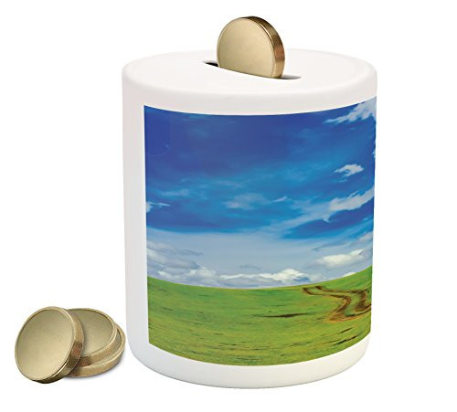Ambesonne Country Piggy Bank, Earth Path Road on Grass Field Plateau Rural Countryside View with Clouds Image Print, Printed Ceramic Coin Bank Money Box for Cash Saving, Blue Ambesonne Country Piggy Bank, Earth Path Road on Grass Field Plateau Rural Countryside View with Clouds Image Print, Printed Ceramic Coin Bank Money Box for Cash Saving, Blue