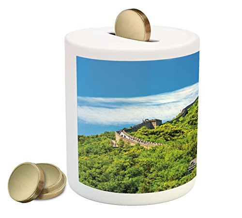 Ambesonne View Piggy Bank, Old Chinese Building Area Panorama in Nature Exotic Scene, Printed Ceramic Coin Bank Money Box for Cash Saving, Turquoise Green