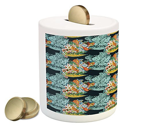 Ambesonne Paisley Piggy Bank, Unusual Oriental Leaf Floral Like Motifs with Peacocks on Image Print, Printed Ceramic Coin Bank Money Box for Cash Saving, Blue and Orange Ambesonne Paisley Piggy Bank, Unusual Oriental Leaf Floral Like Motifs with Peacocks on Image Print, Printed Ceramic Coin Bank Money Box for Cash Saving, Blue and Orange