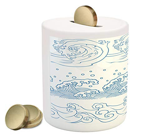 Ambesonne Nautical Piggy Bank, Abstract Japanese Wave Outline Monochrome Design Seaside Kanagawa Inspired, Ceramic Coin Bank Money Box for Cash Saving, 3.6" X 3.2", Blue and White