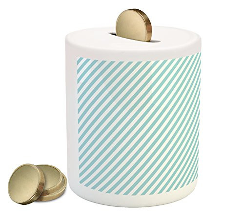 Ambesonne Modern Piggy Bank, Soft Colored Skewed Bold Stripes Lines Contemporary Style Simplistic Design, Printed Ceramic Coin Bank Money Box for Cash Saving, Pale Blue White