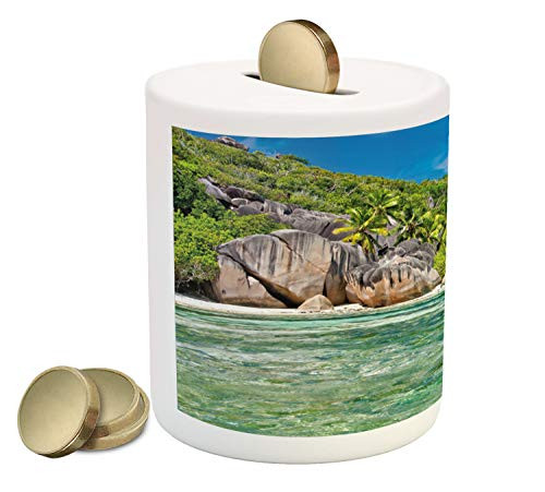 Ambesonne Tropical Piggy Bank, Landscape of Island with Trees in Seychelles and The Sky Digital Print, Printed Ceramic Coin Bank Money Box for Cash Saving, Blue and Fern Green Ambesonne Tropical Piggy Bank, Landscape of Island with Trees in Seychelles and The Sky Digital Print, Printed Ceramic Coin Bank Money Box for Cash Saving, Blue and Fern Green