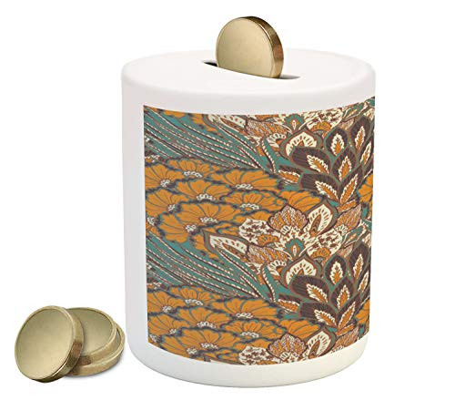 Ambesonne Floral Piggy Bank, Pattern of Flowers and Peacock Feathers Floral Arrangement Artwork, Printed Ceramic Coin Bank Money Box for Cash Saving, Petrol Blue and Pale Coffee