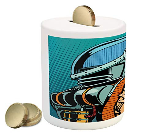Ambesonne Love Piggy Bank, Astronaut Kisses His Wife Illustration Vintage Pop Art Retro Style Print, Printed Ceramic Coin Bank Money Box for Cash Saving, Petrol Blue and Brown