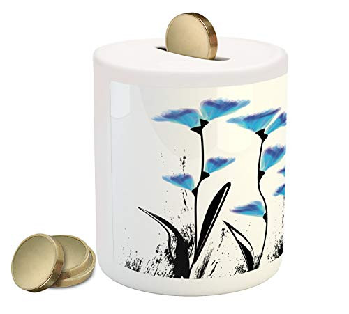 Ambesonne Floral Piggy Bank, Vector Flowers Turkish Ottoman Tulips in Ombre Watercolored Image, Printed Ceramic Coin Bank Money Box for Cash Saving, Sky Blue and Charcoal Grey